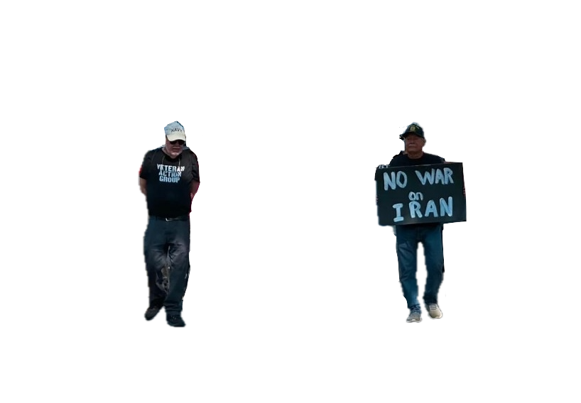 No Kings protest marchers with the background removed, carrying Veteran Action Group and No War on Iran signs