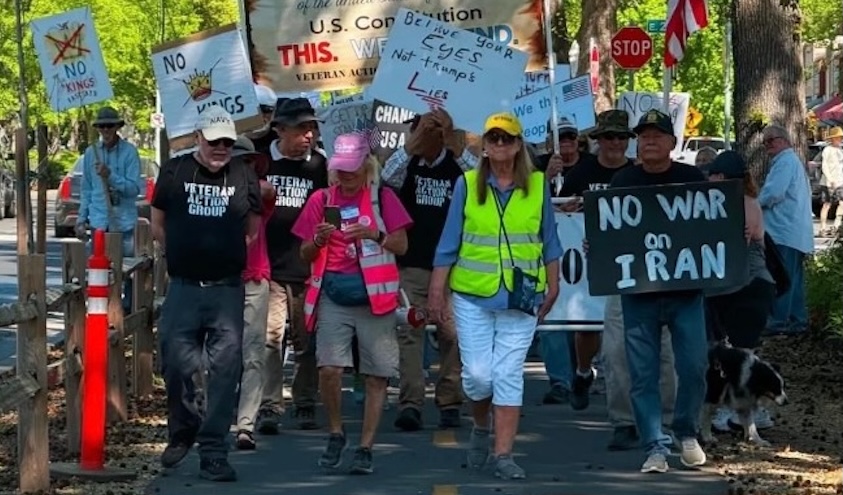 Close view of Veteran Action Group members marching at a No Kings protest with No Kings and No War on Iran signs