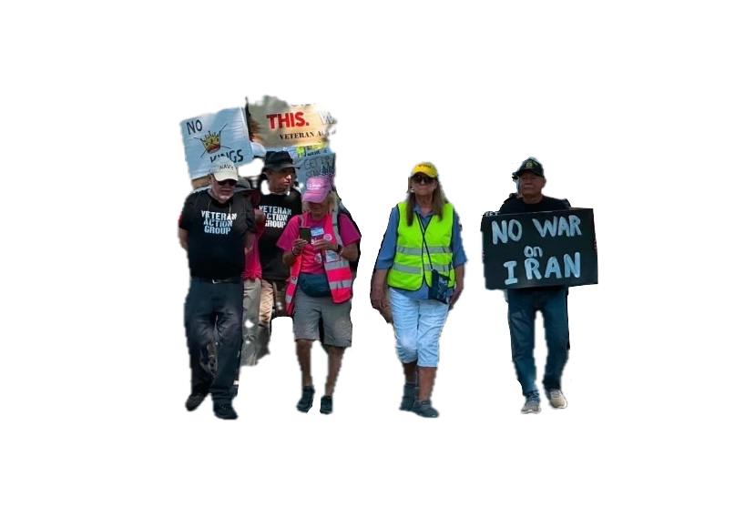 The same No Kings protest marchers with the background removed, leaving the veterans and their signs
