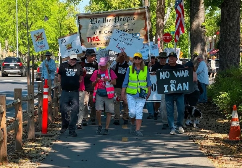 Veteran Action Group members marching at a No Kings protest with hand-lettered signs, American flags, and a We the People banner