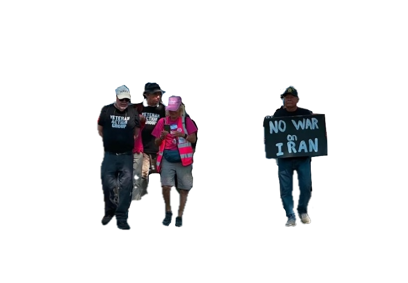 No Kings protest marchers with the background removed, carrying Veteran Action Group and No War on Iran signs